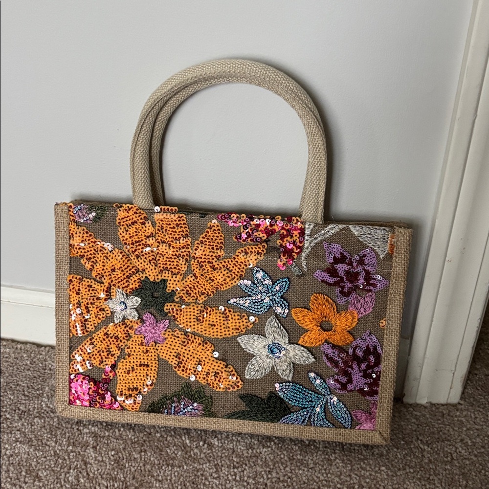 NEW Embroidered Sequin Tote Bag - Multicolor Orange
